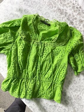 Marc New York Green Eyelet Peplum Tie-Neck Top